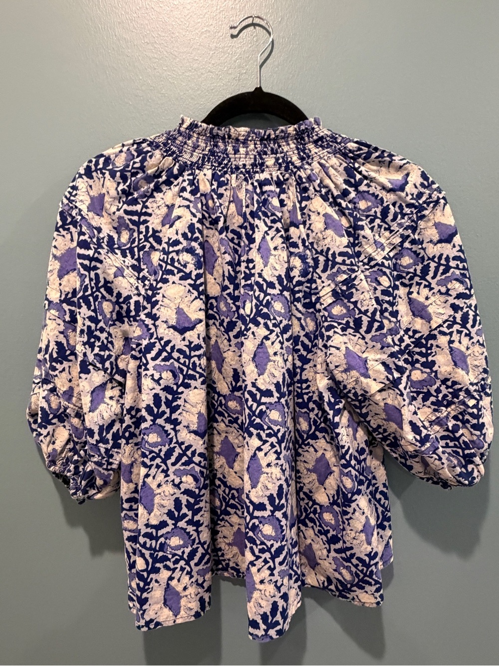 Free People Blue and Cream Floral Smocked-Neck Peasant Top - Picture 2 of 6